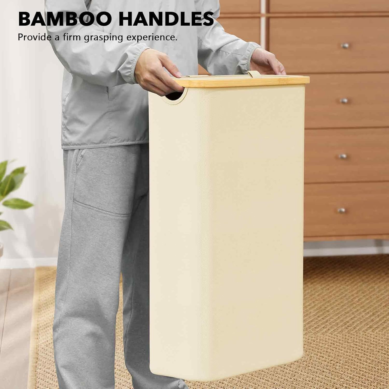 SpaceAid Slim Laundry Hamper with Lid, 65L Narrow Tall Clothes Basket Bin, Beige