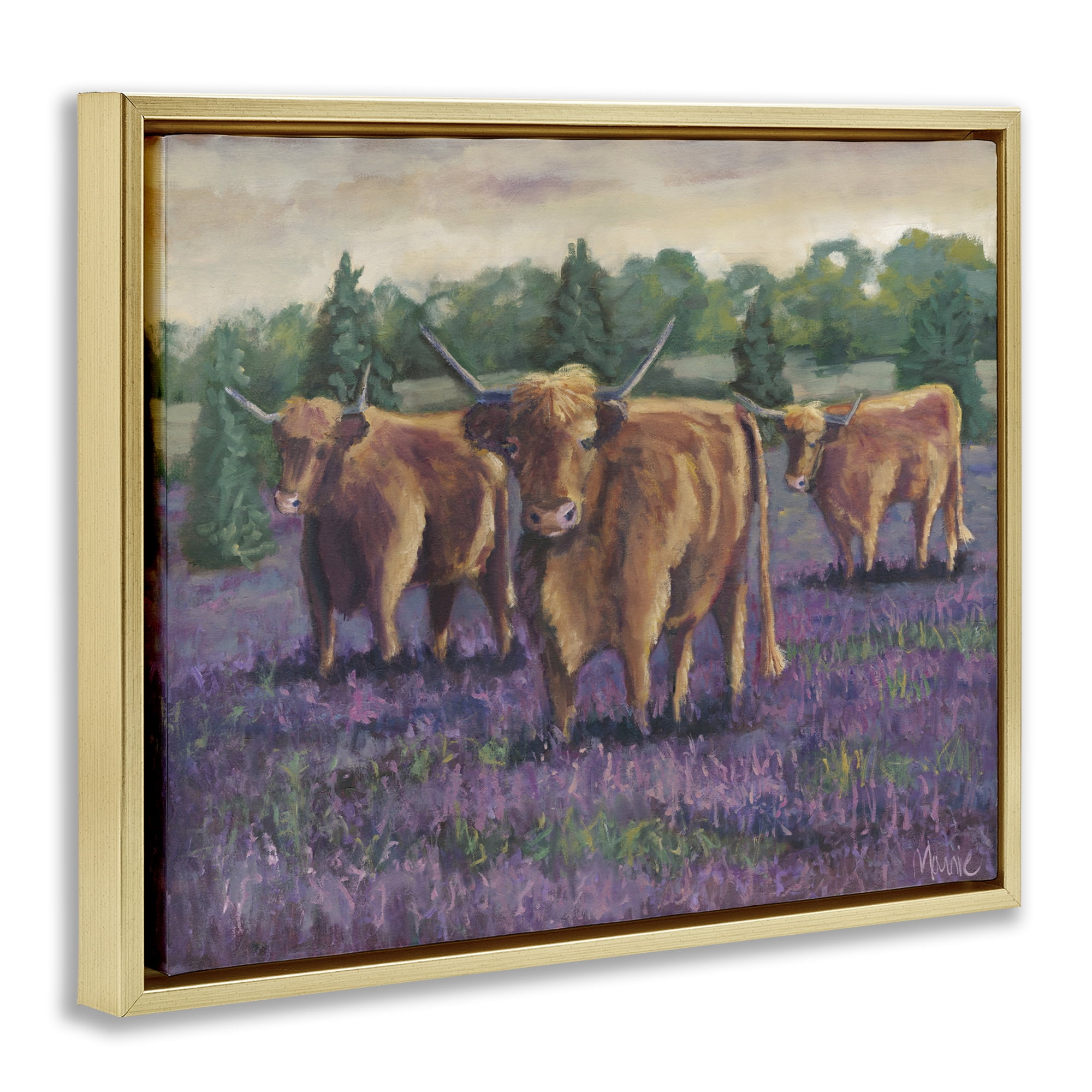 Purple Fields & Cows Gold Framed Floater Canvas Wall Art, design by Marnie Bourque
