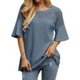 thumbnail image 3 of Xuanfei Women Round Neck Crochet Lace Patchwork Short Sleeve Top, 3 of 7