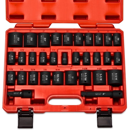 Neiko 02447A 1/2" Drive Master Impact Socket Set, 32 Piece Shallow Socket Assortment | Standard SAE (3/8-Inch to 1-1/4-Inch) and Metric (10-32 mm) Sizes | Cr-V Steel