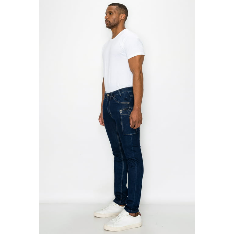 UFKIM Men's Casual Denim Jeans Pants Skinny Slim Fit Zipper Velcro Side Utility  Cargo Pockets Basic Stretch Fashion Bottoms Blue 