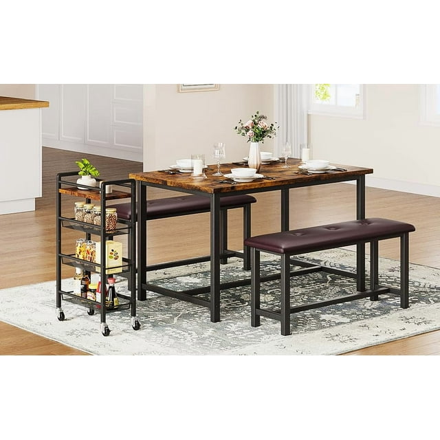 GloryStar Dining Table Set for 4, Kitchen Table with 2 Upholstered Benches, Wood Kitchen Dining Room Set, for Small Space, Apartment, Home, Dinner