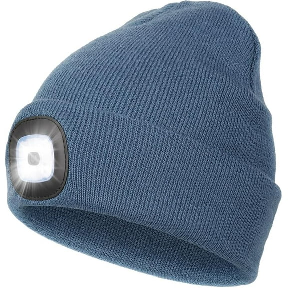 Winter Unisex Beanie Hat with Light, Rechargeable Hands Free LED Headlamp Knitted Light Beanie Cap,Men Gifts for Dad Husband (Blue)
