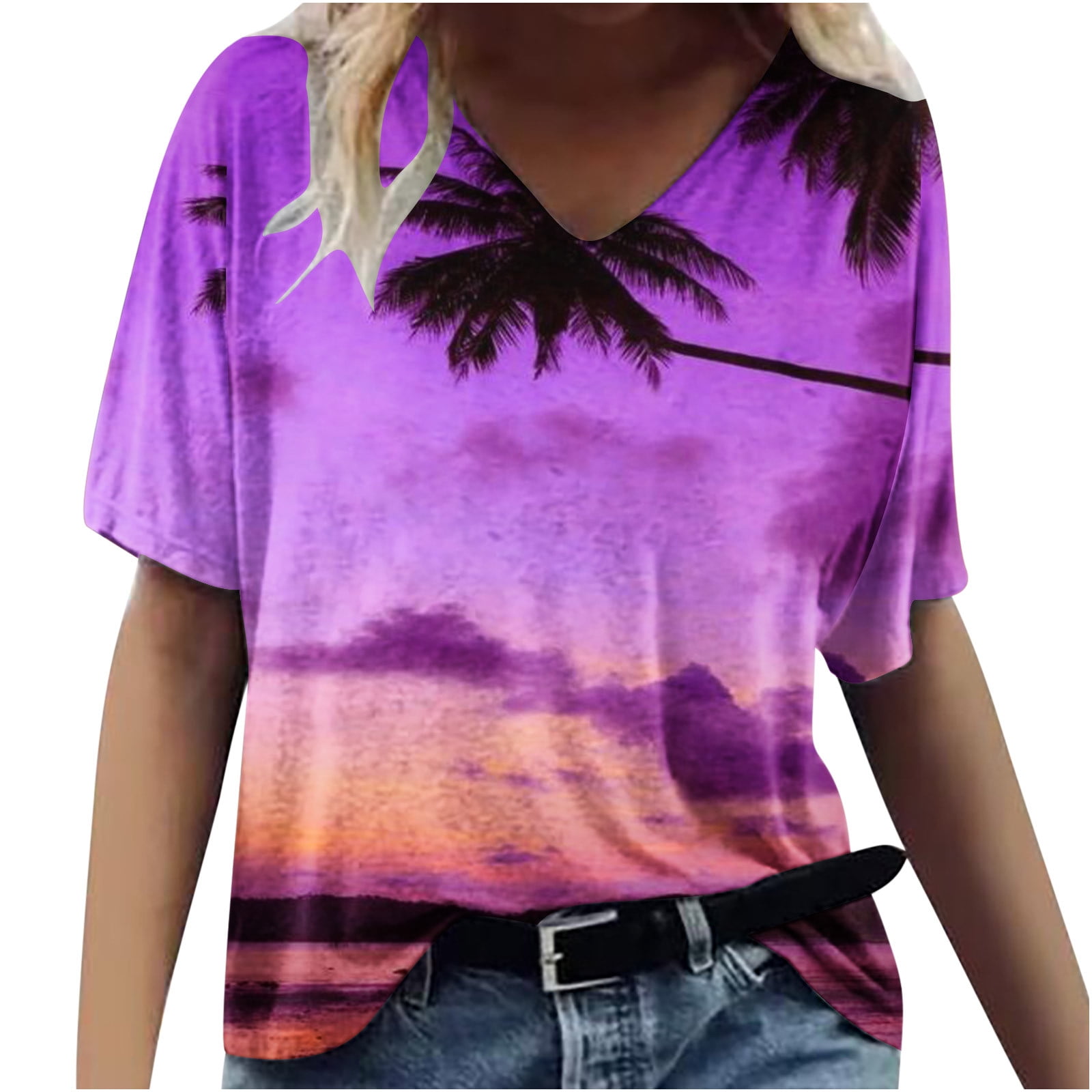 ZQGJB Women Casual Summer Tropical Pattern T-Shirts Trendy Palm Tree Sunset  Graphic Short Sleeve V Neck Tee Shirts Loose Relaxed Fit Oversized Tunic  Blouse Pink L 