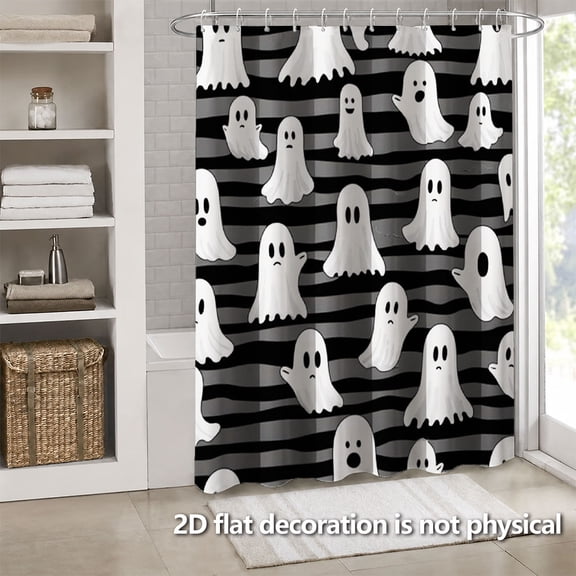 Hoease Cute Ghost Black Stripe Halloween Shower Curtain, 71W x 71L Inch Waterproof Fabric Bathroom Curtain with 12 Hooks, Funny Halloween Bath Decor