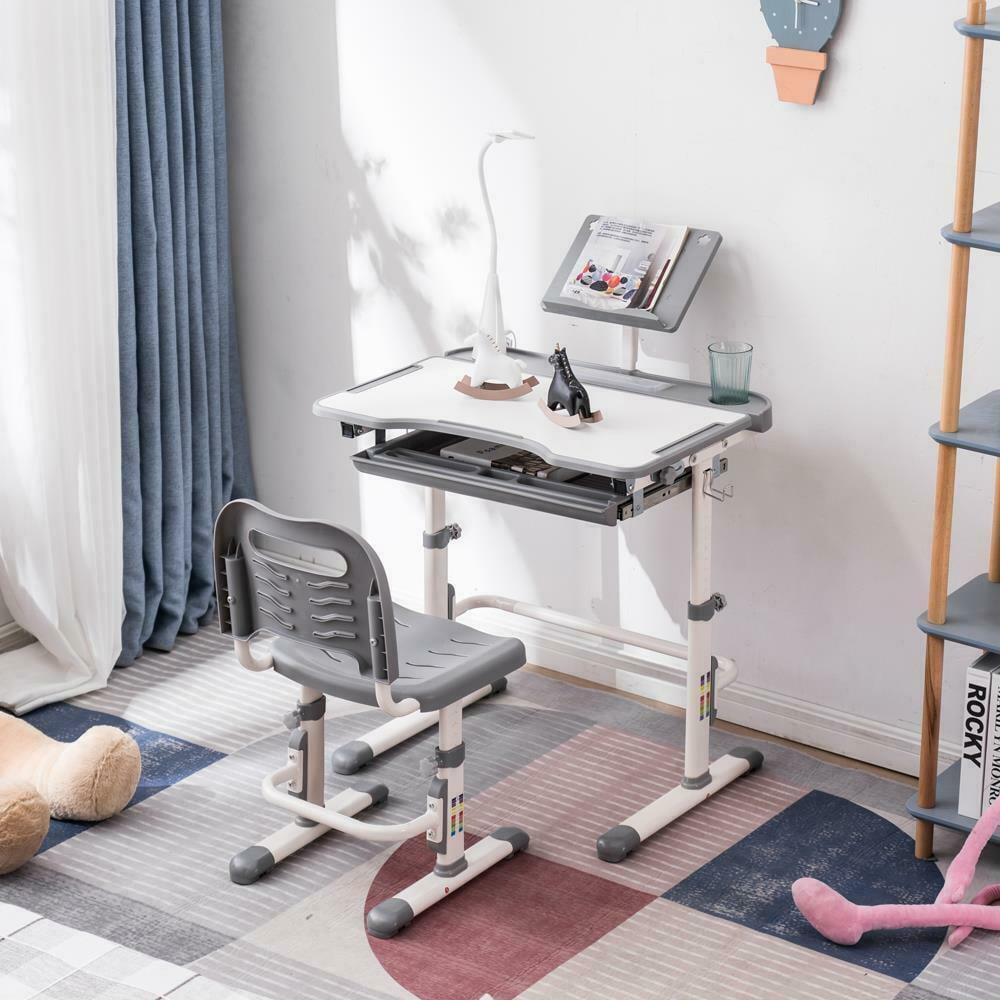 Grey Adjustable Children's Study Desk Chair Set Child Kids Table with LED lamp 