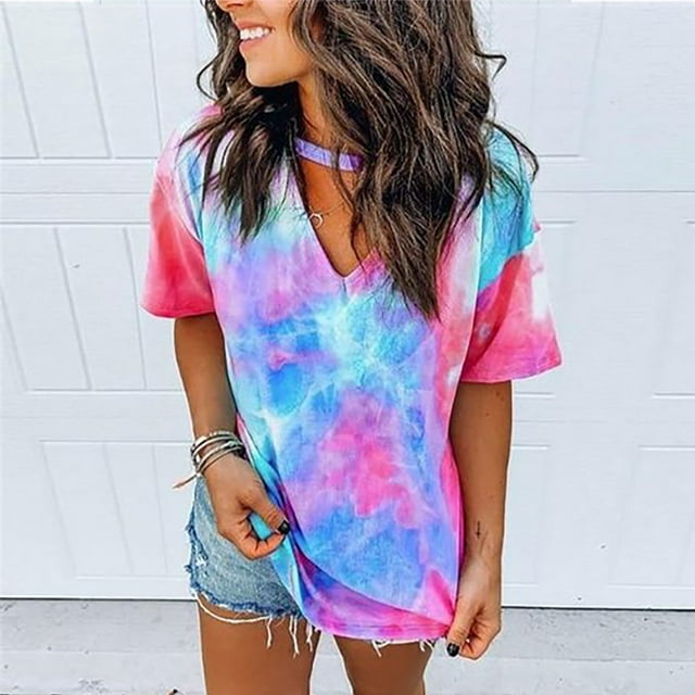 ICHUANYI Clearance Women's Fashion Summer V Neck Leisure Short Sleeve Printing Tops(Pink, S) ICHUANYI WER2023081113428