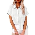 thumbnail image 4 of Spring and summer tops cotton and linen pocket buttoned short-sleeved shirts T-shirts for women, 4 of 6