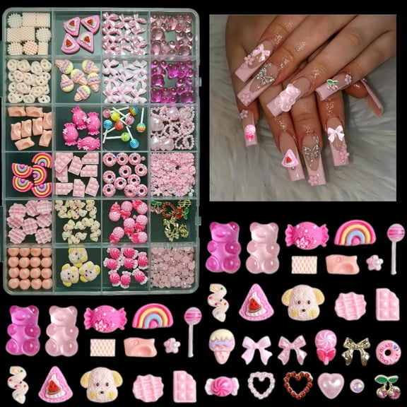 1Box 3D Pink Series Sweet Style Nail Charms Set,Novelty Cute Dog Head Ice-cream Resin Nail Art Decorations Creative Simulated Lollipop Chocolate Alloy Butterfly Dollar Nail Supplies for DIY