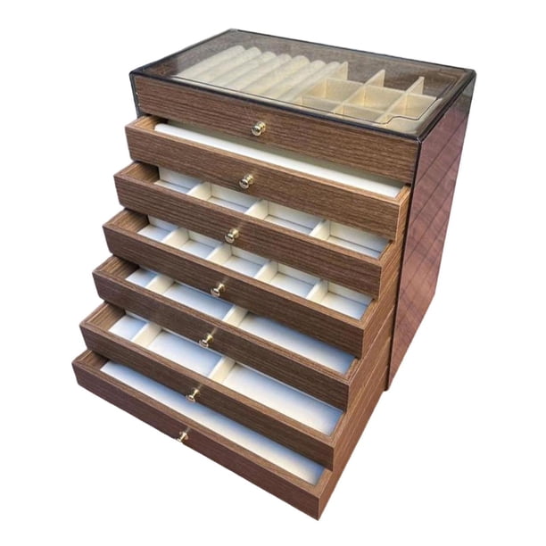 Joyero de madera con forro suave, apilable, de escritorio, multicapa, multiusos, transparente 7 capas
