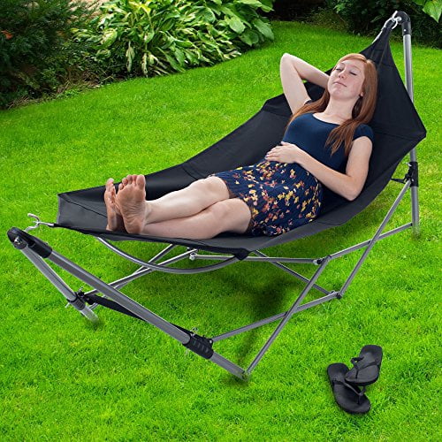 Portable Hammock with Stand-Folds and Fits into Included Carry Bag by Pure Garden -Black