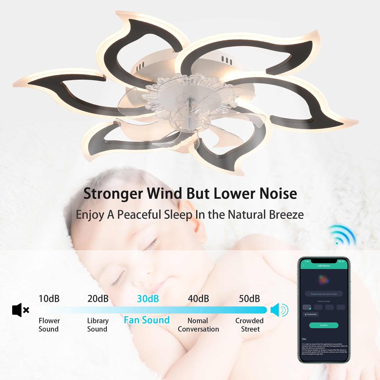 Garwarm 32 in Black Ceiling Fan with Lights and Remote, Modern Low Profile LED Ceiling Fan Light, 3 Color Temperatures, 6 Speeds for Bedroom Kitchen