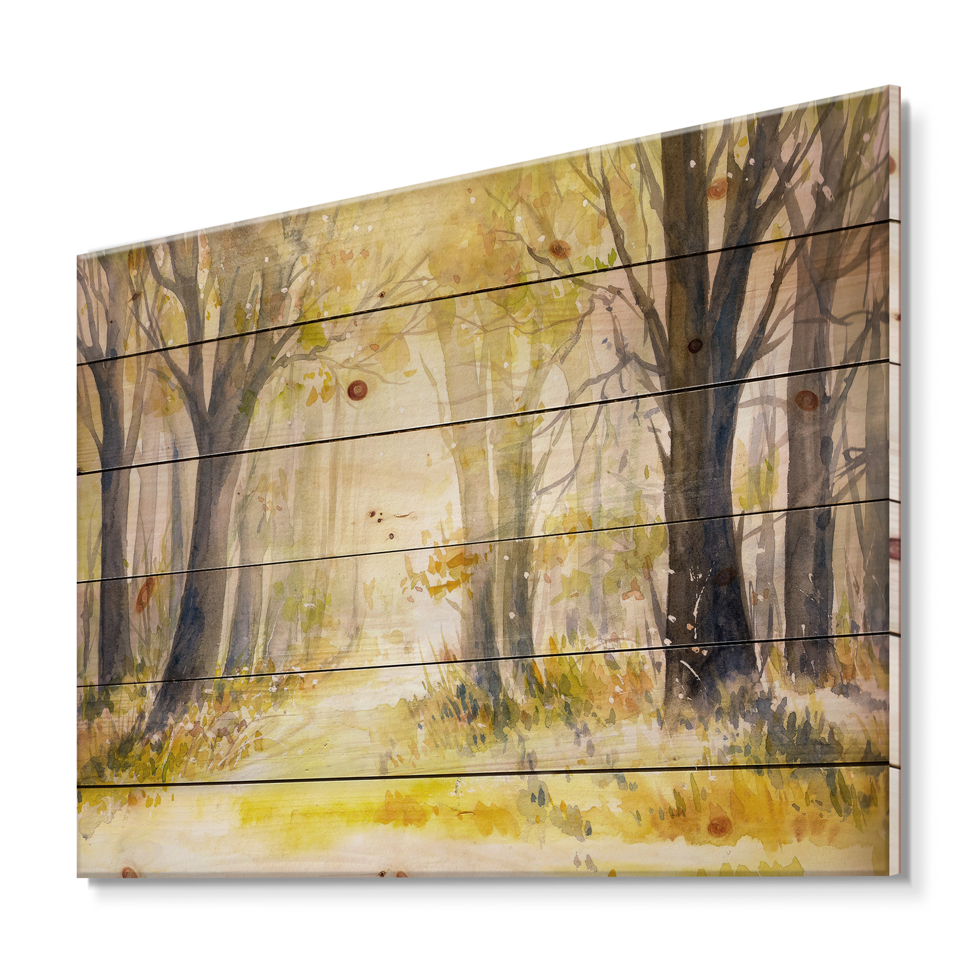 Designart 'Bright Sunshine Through The Yellow Forest Trees I' Traditional Print on Natural Pine Wood