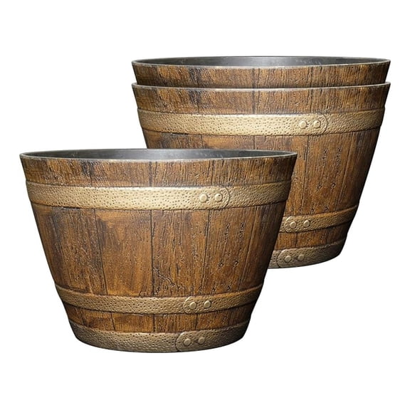 Classic Home and Garden Outdoor Whiskey Resin Flower Pot Planter, Oak Brown, 15" (Pack of 3)