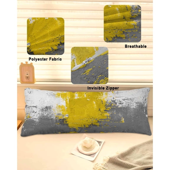 Yellow Cement Gray Throw Pillow Covers, Modern Abstract Art Yellow Soft Breathable Pillow Cases with Invisible Zipper for Sleeping, Long Body Pillowcases for Couch Bed Sofa Chair 20x54 Inches