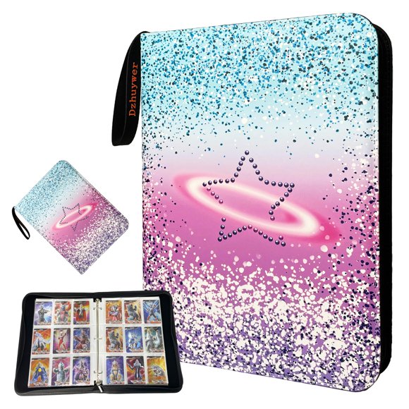 Dzhuywer Classeur de Cartes à Collectionner pour 9 Pochettes 1080 Cartes avec 60 Pochettes Amovibles avec Protection Fermeture Éclair Bracelet Facile à Transporter, Albums de Cartes à Collectionner Portables pour Garçons Filles Cadeaux, Étoile Rose