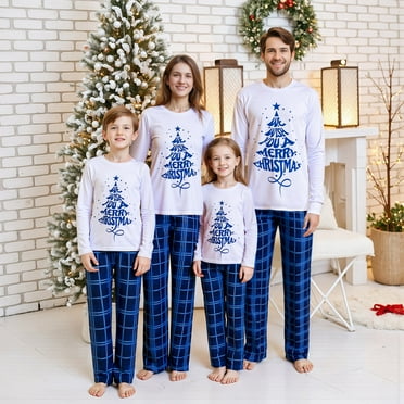 Jaweiwi Family Matching Christmas Pajamas Set Letter Tree Print Holiday Pajamas Plaid Sleepwear Dad Mom Kids PJs