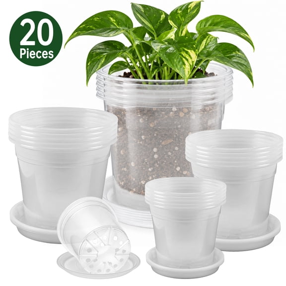 FOUKUS 4/5/6/7 Inch Nursery Pots 20 Clear Pots: Plastic Pots for Plants with Matching Saucers, Seedling Pots for Seed Starting & Propagation