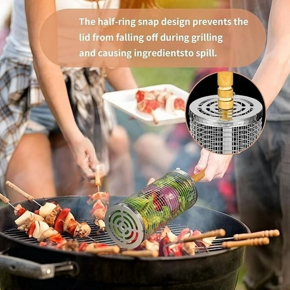 Rolling Grilling Basket Metal Bbq Barbecue Basket Net Portable Outdoor Camping B
