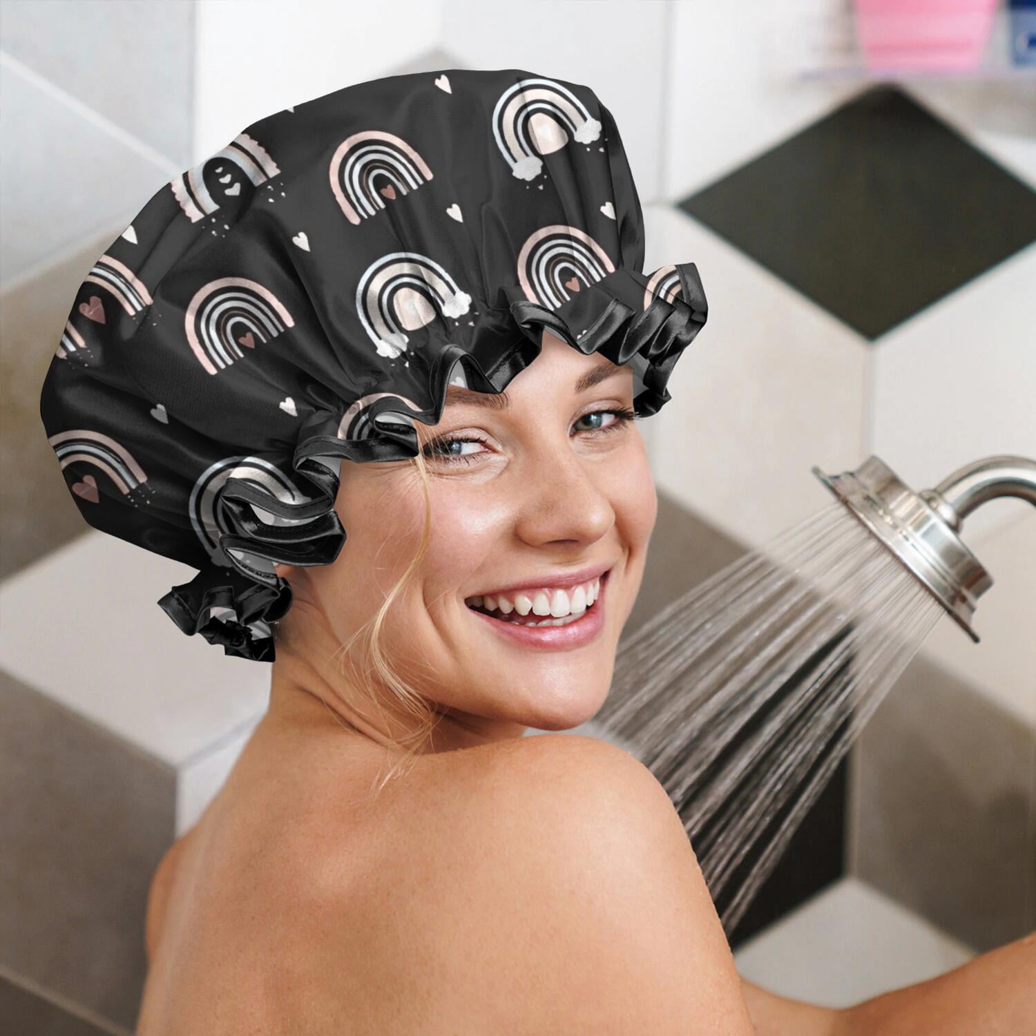 Shower Caps,Black Boho Bohemia Rainbow Hearts Pattern Waterproof Shower Cap for Women 4 Pieces,Double Reusable Hair Cover for Shower PEVA Elastic Stretch Hem