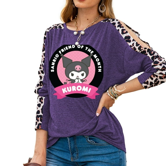 Kuromi Woman Casual Tops Long Sleeve Leopard Print Patchwork Plus Size T-Shirt Blouses