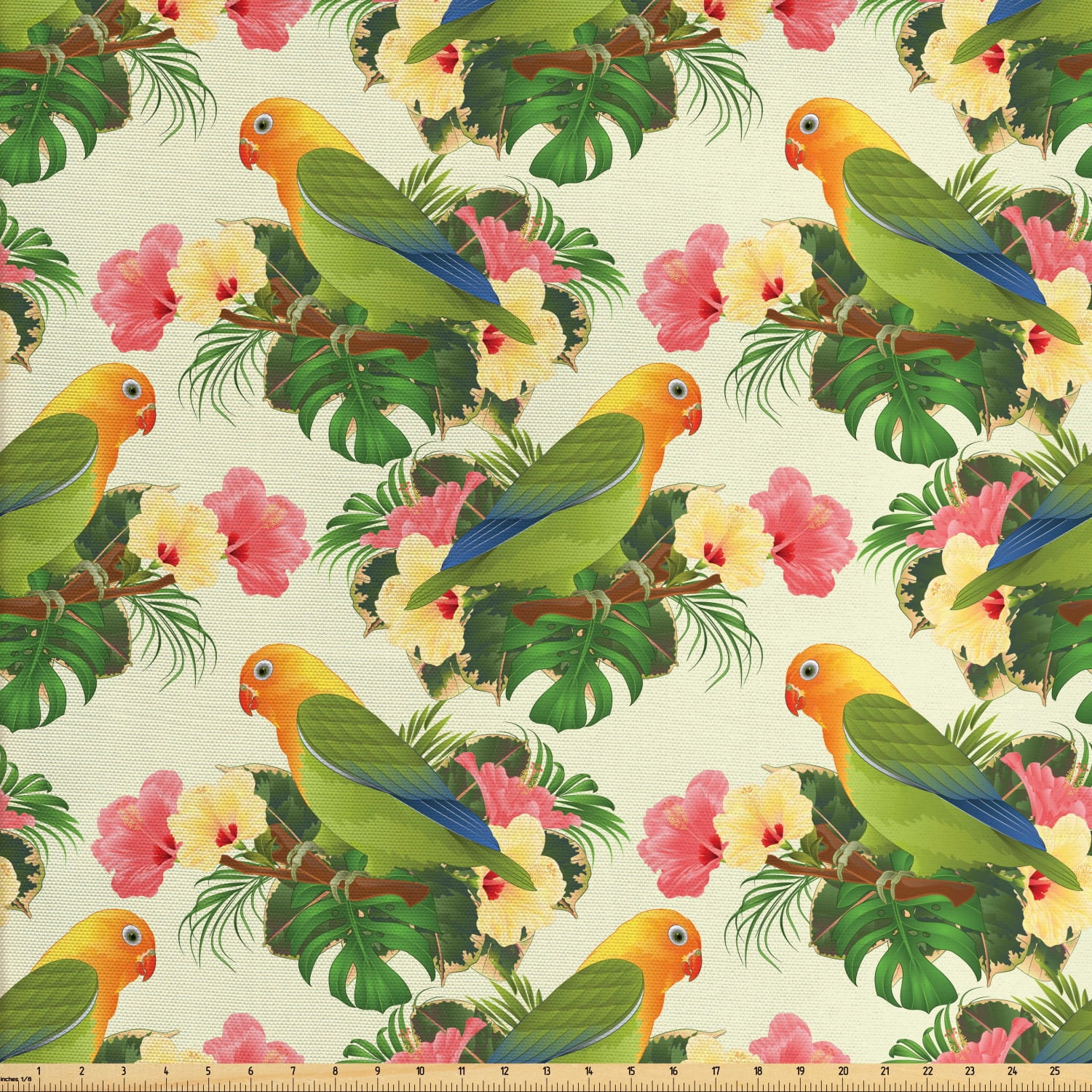 Hibiscus Fabric by The Yard, Colorful Composition of Exotic Bird Parrot