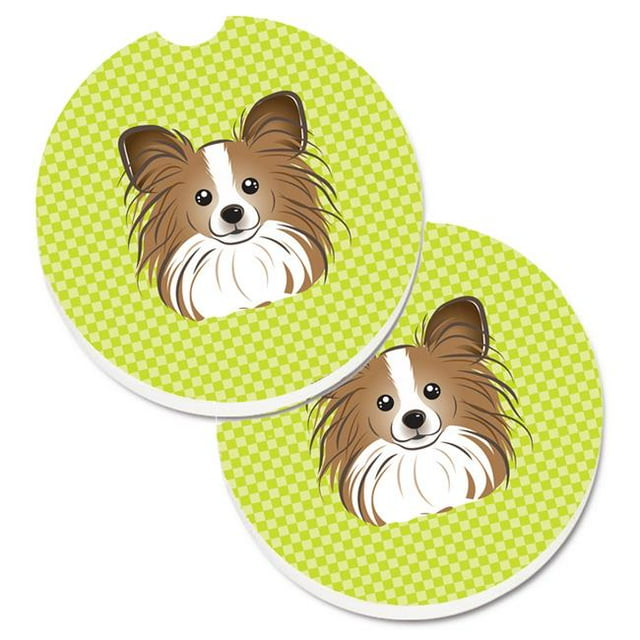 Checkerboard Lime Green Papillon Set of 2 Cup Holder Car Coaster
