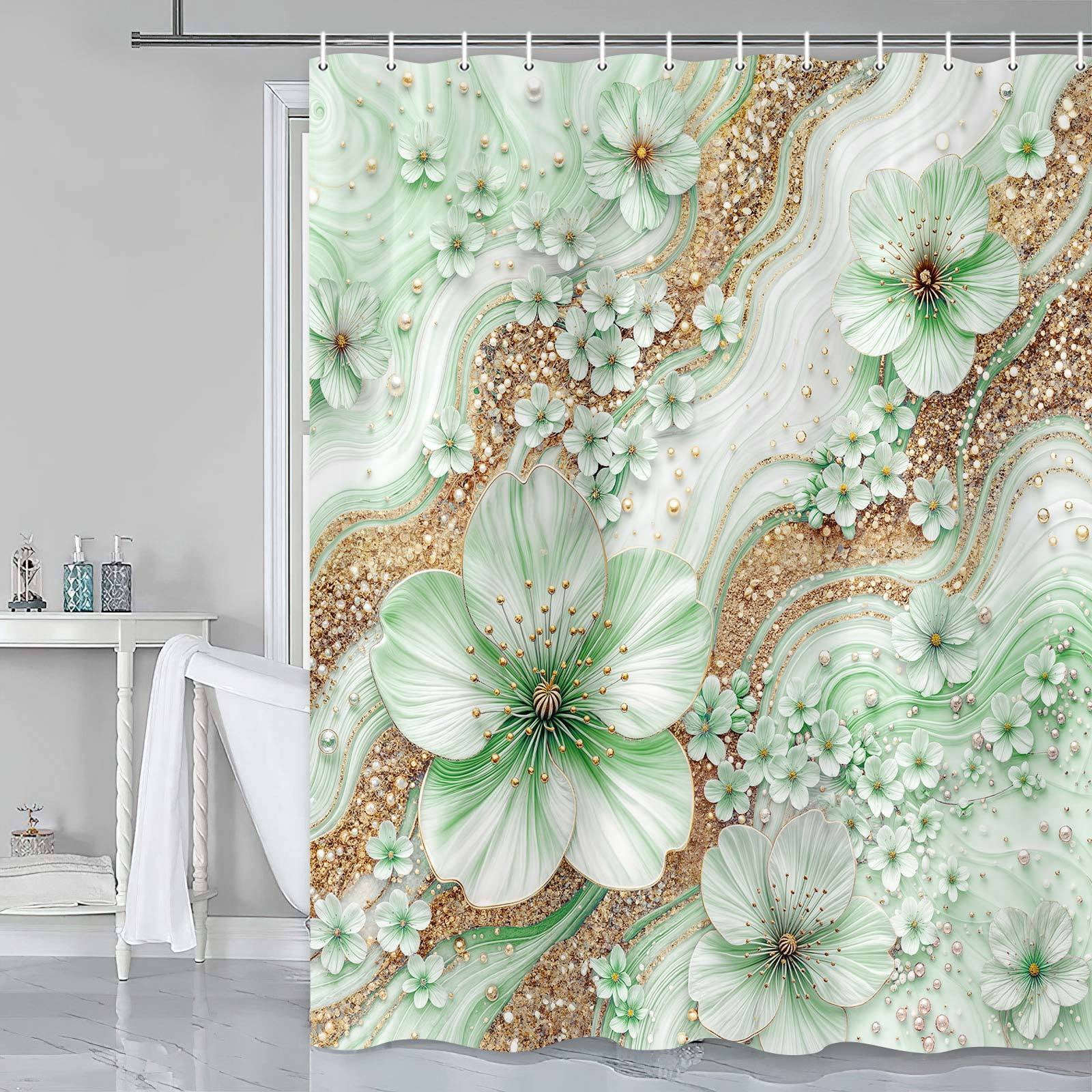 Green Luxury Light Floral Shower Curtain, Elegant Boho Bathroom Decor, Cherry Blossom with Gold Glitter Marble Texture, Waterproof Washable Fabric Shower Curtain Set with Hooks,70X85in