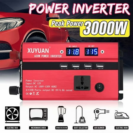 3000W Power Inverter DC12V to AC110V Sine Wave Convert with 4 USB Ports 1 Sockets for Camp