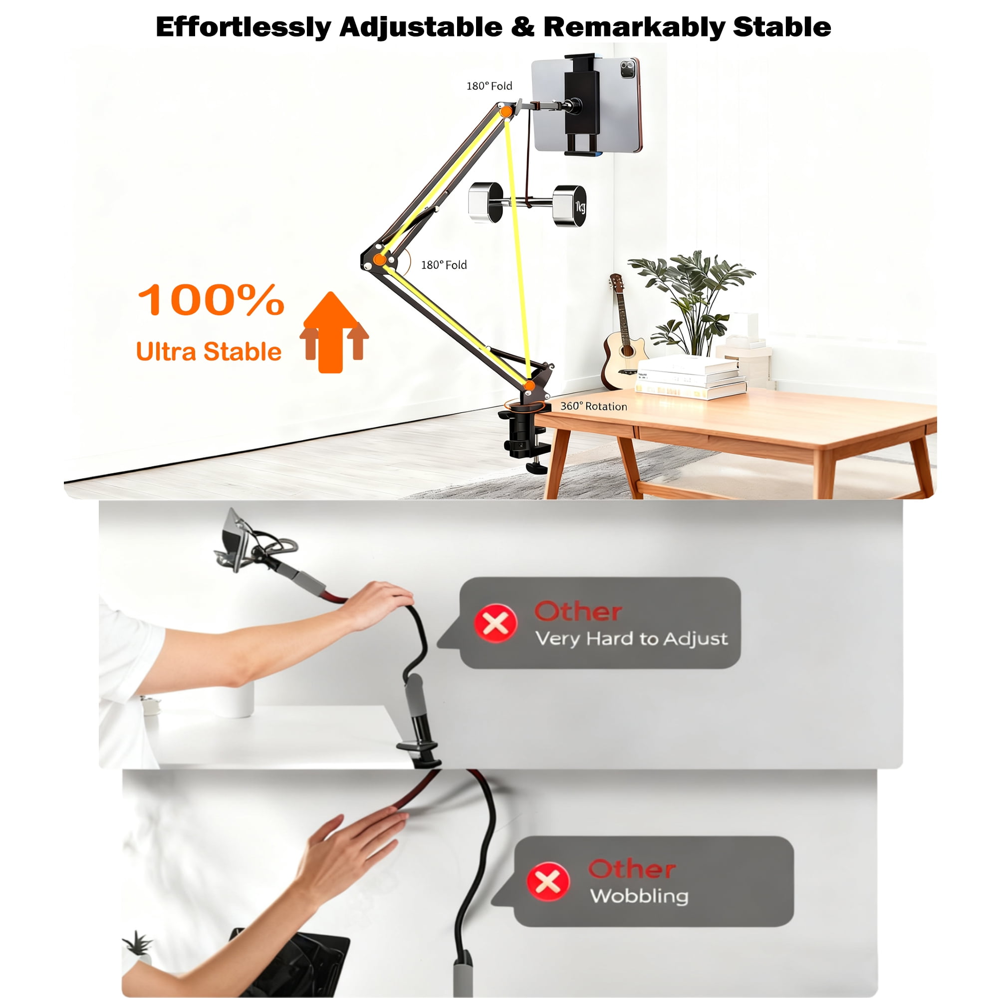 TIKBBRMG Adjustable Tablet Phone Holder for Desk Bed, Adjustable Tablet Phone Stand for Bed, Flexible Tablet Arm Clamp Compatible with iPhone 17 16 15 Pro iPad Kindle Galaxy Tab 4.7-12.9 Inch