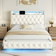 Hiphuta Queen Size Floating Upholstered Beds with LED Lights, Velvet Leather Sturdy Platform Bed with Charging Station & Button Tufted Headboard Storage, White