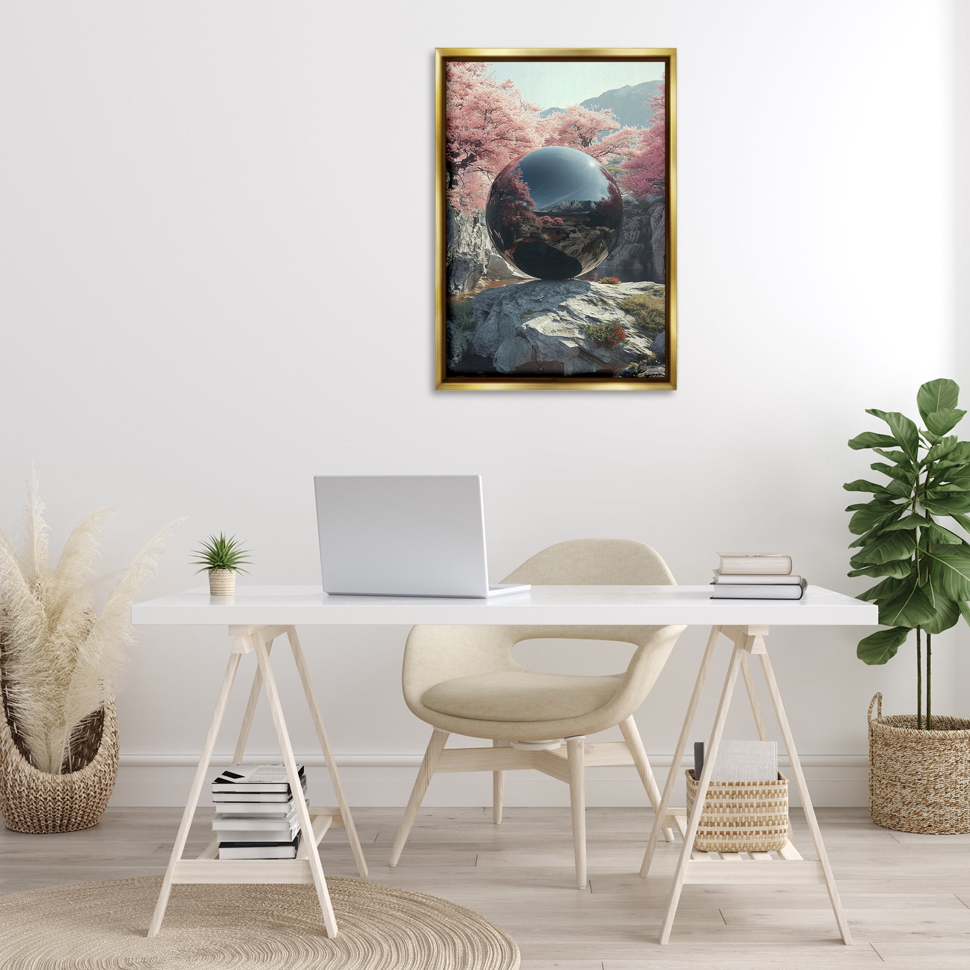 Stupell Industries Surreal Reflective Ball Landscape Painting Gold Floater Framed Art Print Wall Art, 21 x 31