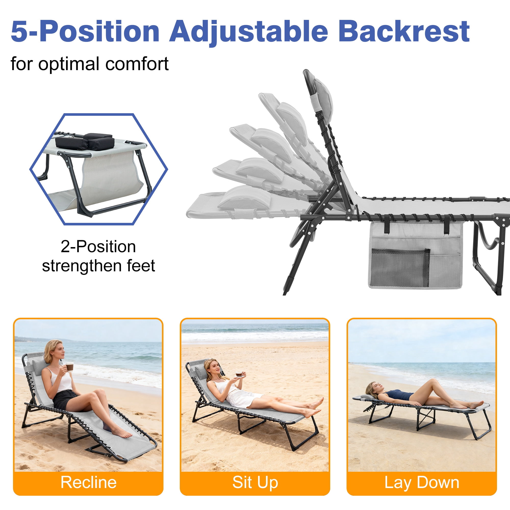 2‑Pack Gray 5‑Position Adjustable Face‑Down Chaise Lounge Chair, Foldable Tanning Recliner with Face & Arm Holes, Outdoor Sunbathing Chair for Pool Beach Patio Lawn