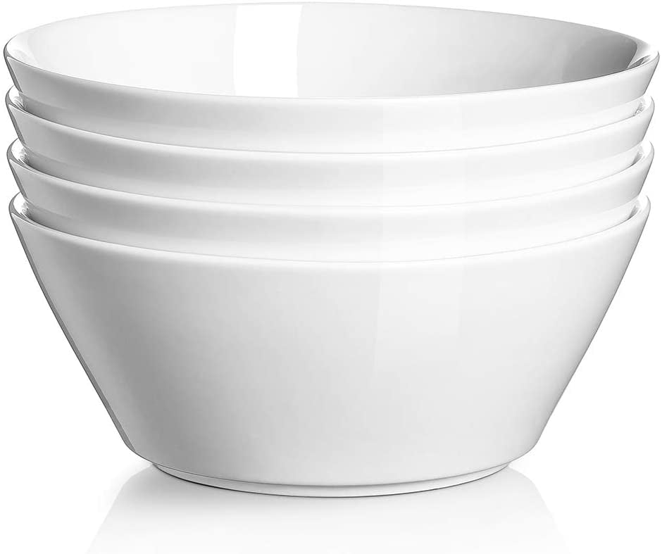 DOWAN 22 oz White Anti-slipping 4 Packs Porcelain Soup/Cereal Bowls with Rim 