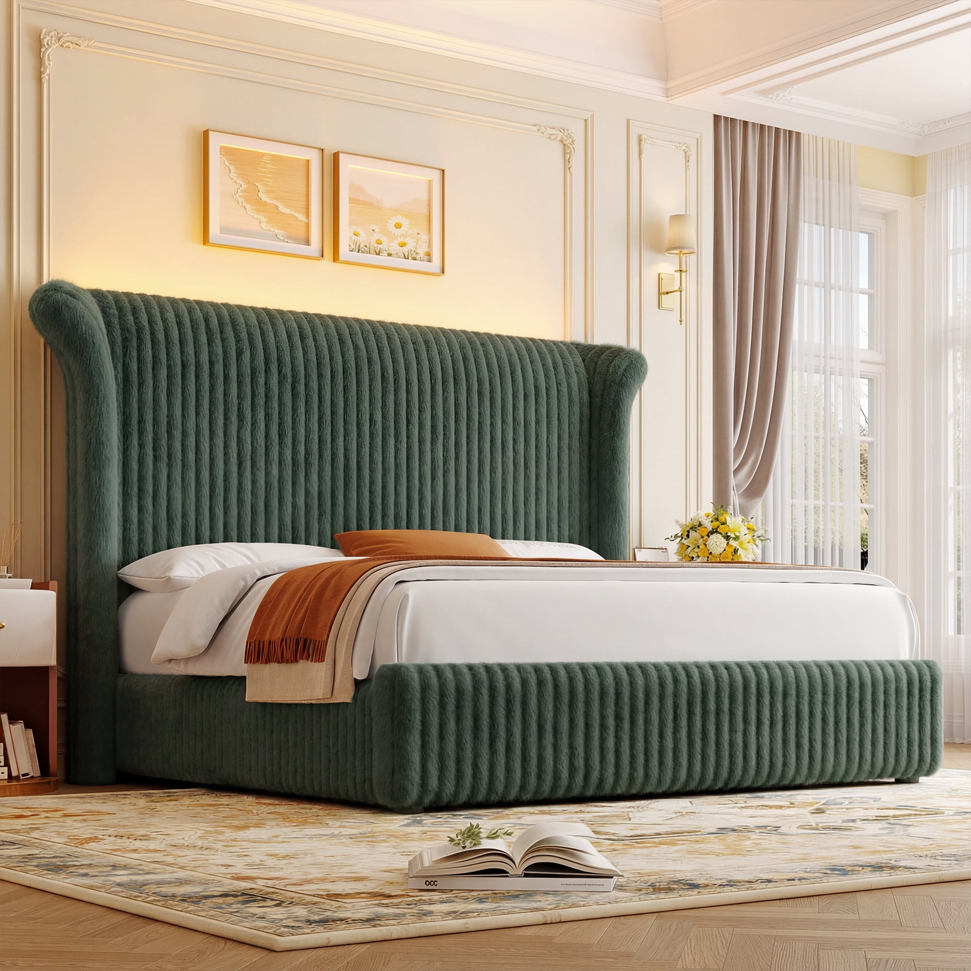 Hiphuta Corduroy Upholstered King Size Bed Frame with Headboard, LED Platform King Bed Frame with 55"H Tall Vertical Stripe Corduroy Wingback Headboard, Green