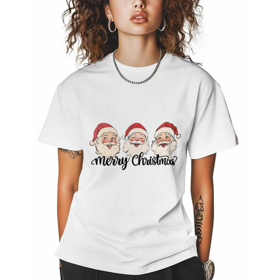 T Shirts for Women Short Sleeve Cotton Crewneck T-Shirt, Merry Christmas Funny Santa Claus Tee Tops Casual Basic T-Shirts, XS-5XL White M