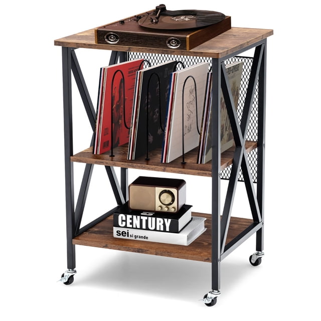 Costway Mesa Auxiliar 3 Niveles Estante de Discos Rodante Soporte de Almacenamiento de Vinilo 3 Divisores Ruedas para Salón Dormitorio Marrón