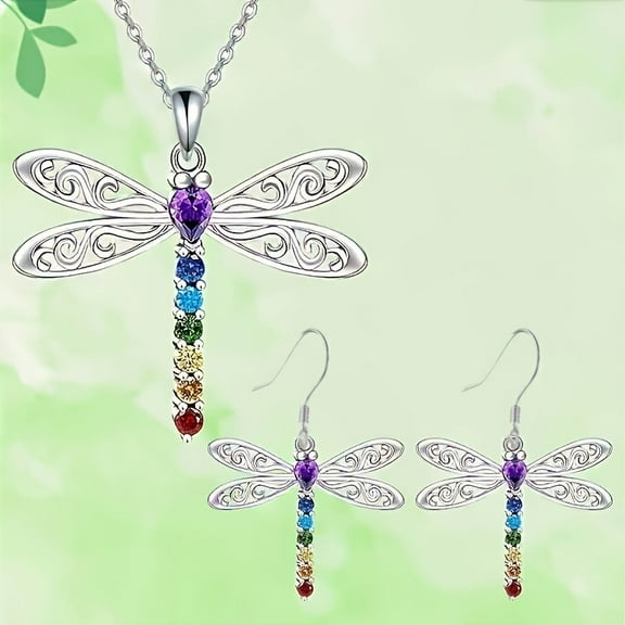 Dragonfly Alloy Rhinestone Pendant Necklaces & Dangle Earrings Sets Platinum 450mm