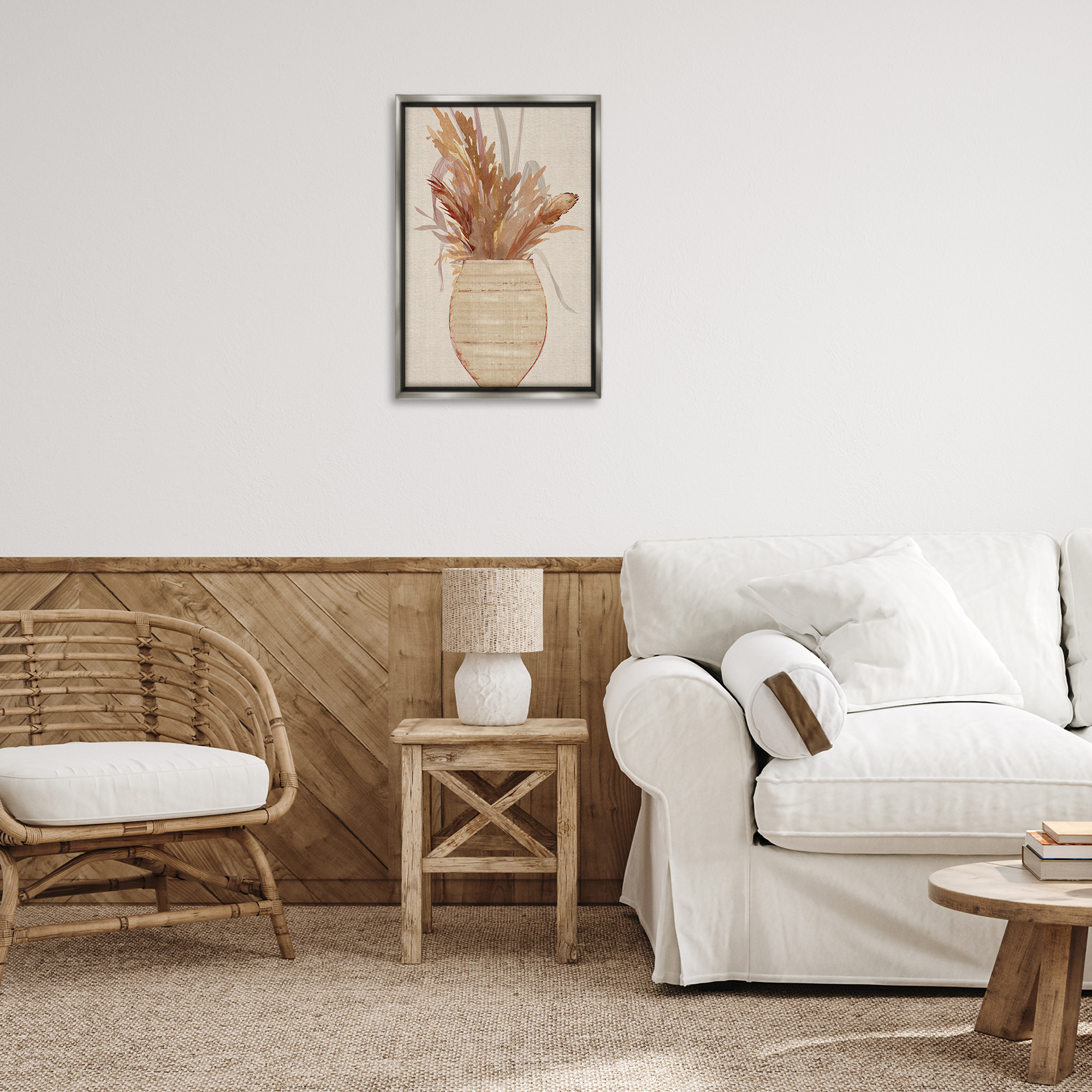 Stupell Industries Rustic Wheat & Pottery Botanical & Floral Painting Gray Floater Framed Art Print Wall Art, 17 x 25