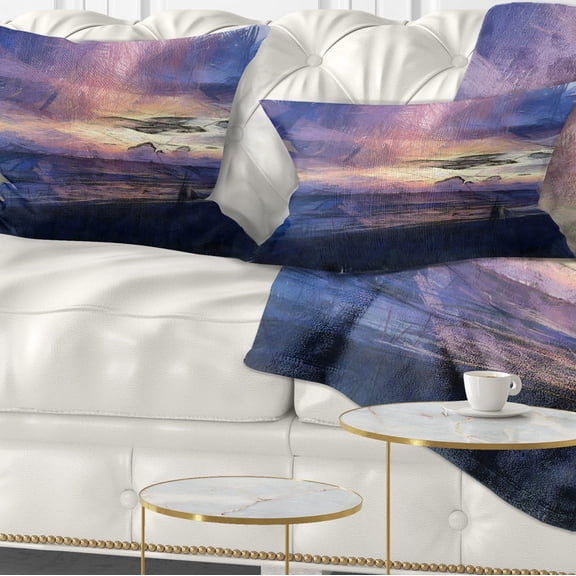 Designart Sunset over Blue Sea Watercolor - Landscape Printed Throw Pillow - 12x20