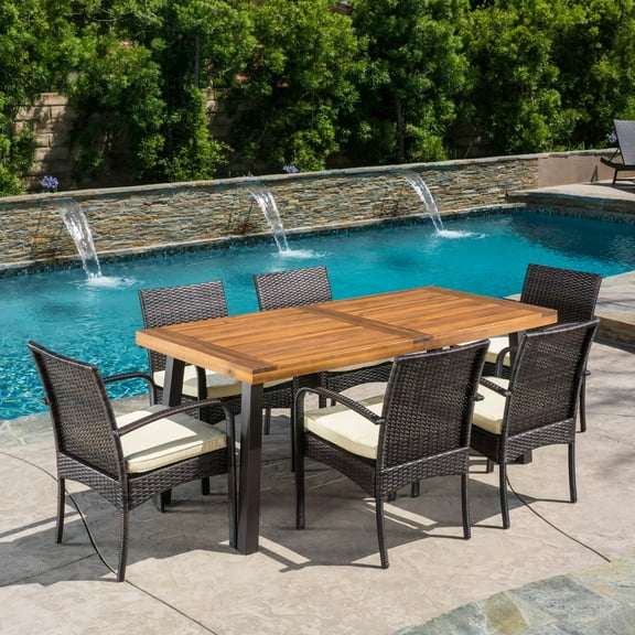 Baratta Outdoor Wicker and Acacia Wood 7-Piece Dining Set, Teak Finish and Cream