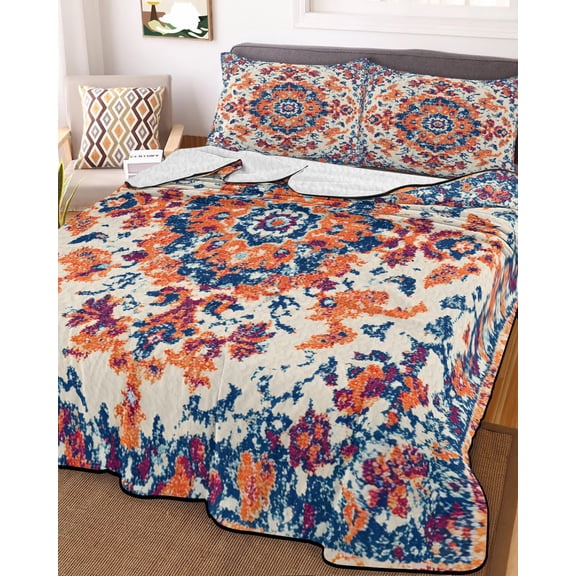 Orange Blue Ethnic King Size Down Alternative Comforter, Lightweight Comforter Quilt Bedding Set with Pillow Shams Boho Geometric Art Vintage All Seasons Bed Comforter Duvet Insert 96"x106"