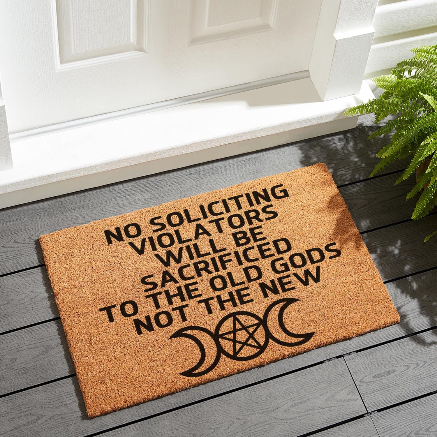 Funny Welcome No Soliciting Violators Will Be Sacrificed Decor Doormat Welcome Front Porch Decor Doormat for The Entrance Way Heavy-Duty PVC Back Outdoor Coir Doormat 23.6 x 15.7 inch