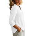thumbnail image 6 of Cotton Linen Button Down Shirt for Women Ghalytn V Neck Stand Collar Blouse - Long Sleeve Casual Top with Pockets, 6 of 8