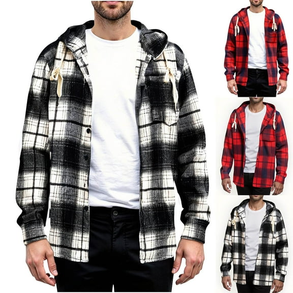 Men's Warm Plaid Jacket Checkered Printed Button Pockets Long Sleeved Hooded Fashion Coat Outwear