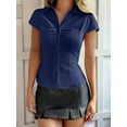 thumbnail image 6 of Women'S Ruched Button Up Blouses Collar V Neck Short Sleeve Work Shirts Navy Blue S, 6 of 7