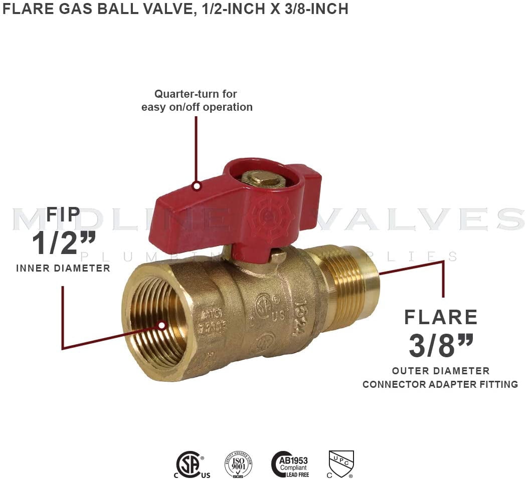 Midline Valve LxF1238GAS-5 Premium Brass Gas Ball Valve, with 3/8 in. x 1/2 in. Flare x FIP Connections (Pack of 5)