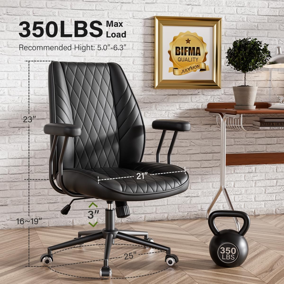 Genpo Black Leather Office Chair with Wheels Rubber Casters, Padded Arms and Adjustable Height, Mid Century Modern Style Vintage Desk Chair