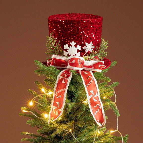 kladzum Christmas Tree Topper Red Sequined Top Hat with Bows 12"x7.5", Exquisite Christmas Tree Toppers Decorations for Holiday Party Decor
