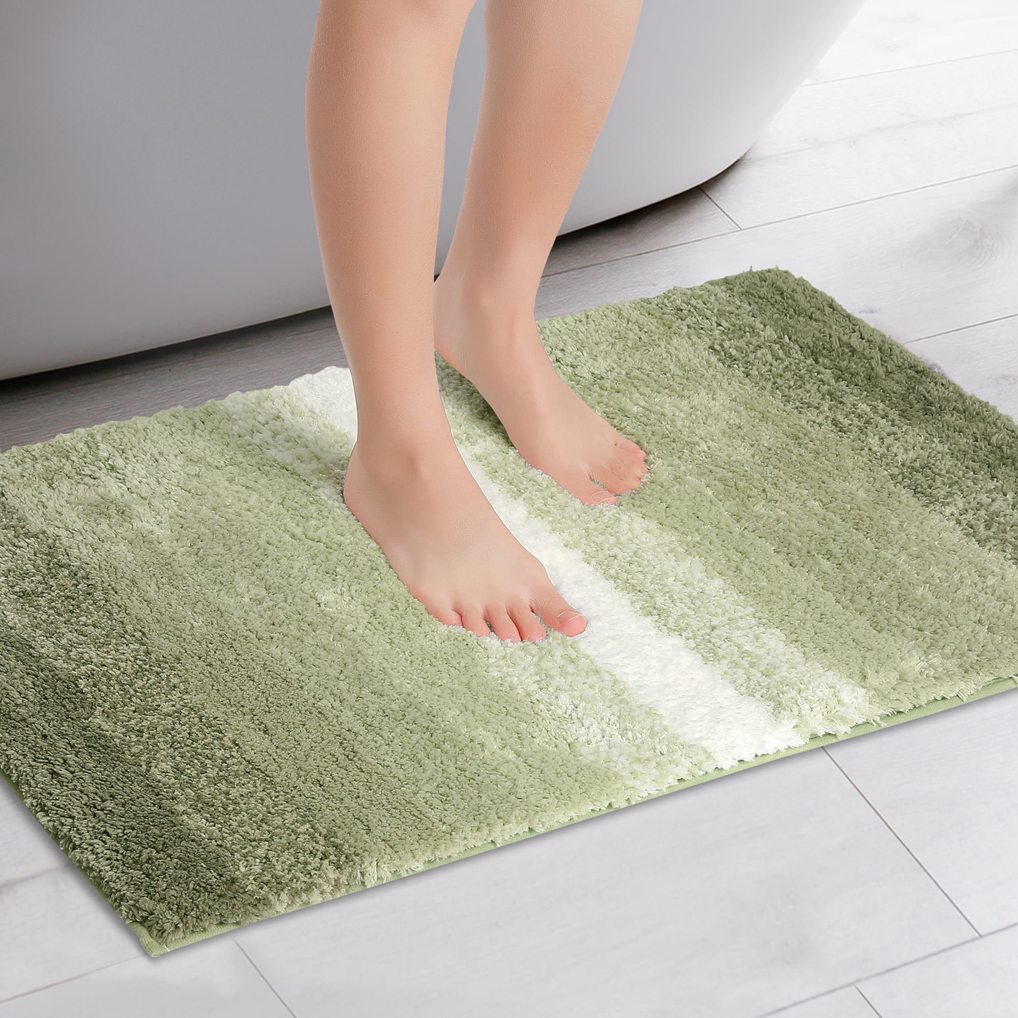 Unique Bargains Absorbent Bath Rug Non-Slip Plush Shaggy Bath Carpet Bath Mats Striped Green Rectangle 20" x 32"